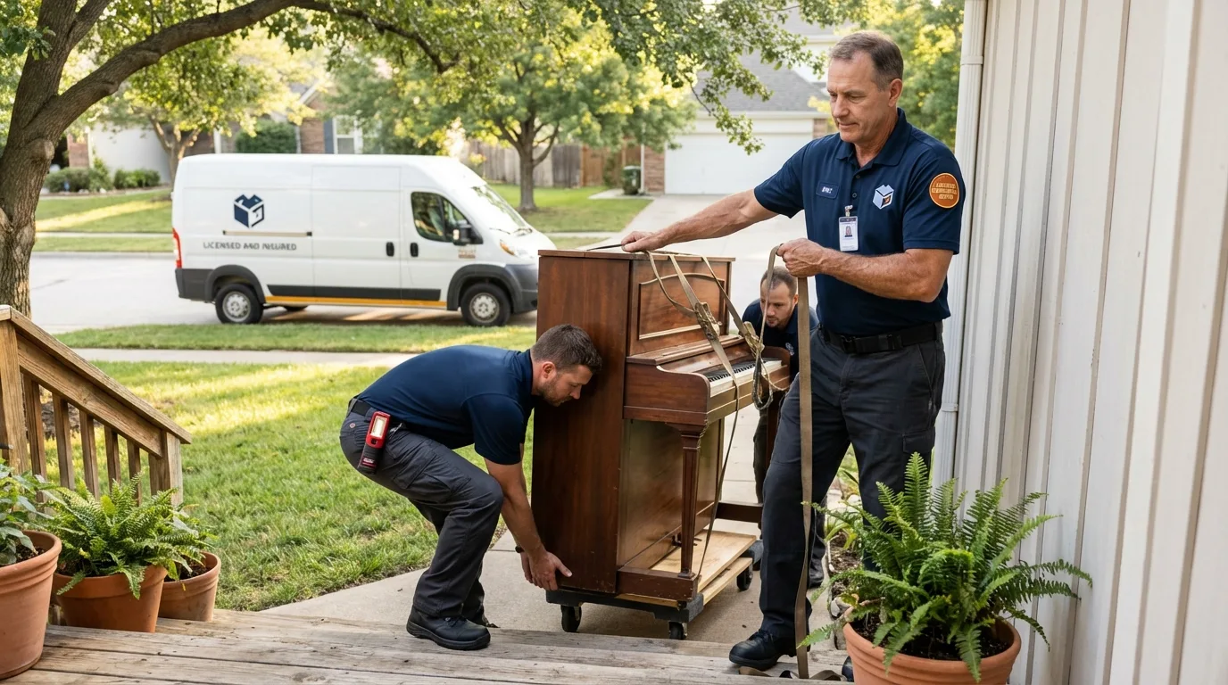 Licensed piano movers securing grand piano in Livermore Falls, ME
