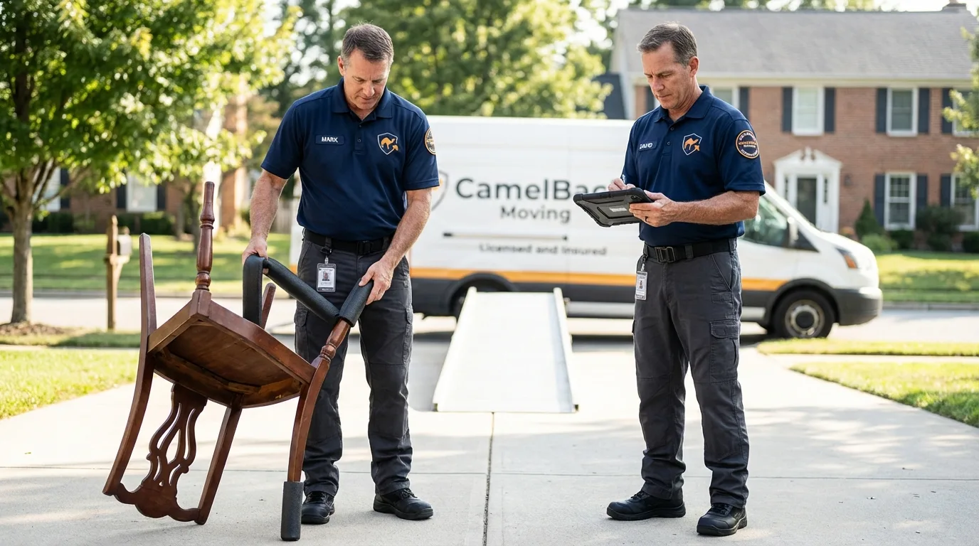 Movers inspecting furniture for damage prevention before loading in Livermore Falls, ME
