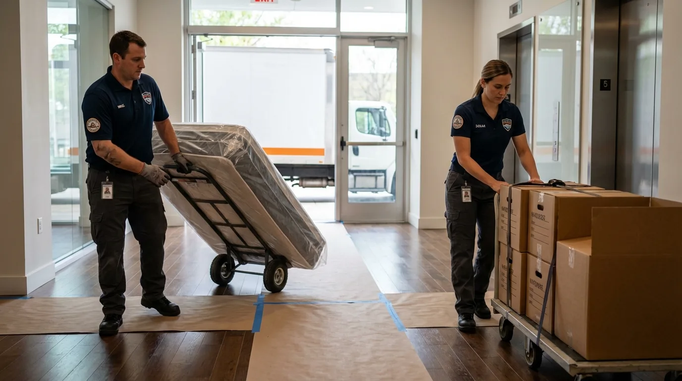 Professional apartment movers loading elevator in Livermore Falls, ME