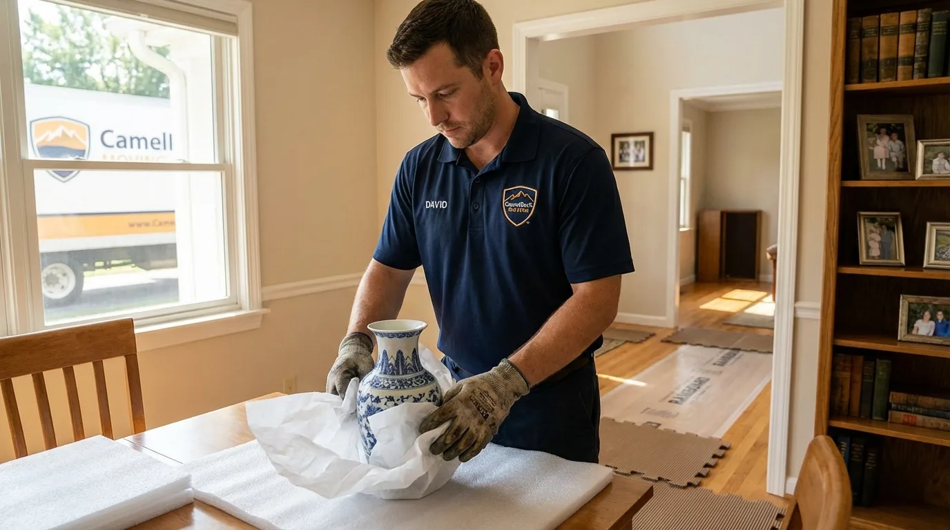 Professional crew carefully wrapping antique vase for senior downsizing move in Livermore Falls, ME